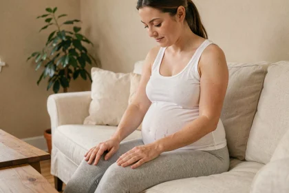 Femme enceinte massant ses jambes lourdes assise sur un canapé en lin crème