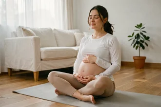 Femme enceinte pratiquant la méditation assise sur un tapis de yoga dans un salon minimaliste et serein