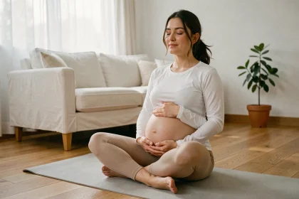 Femme enceinte pratiquant la méditation assise sur un tapis de yoga dans un salon minimaliste et serein