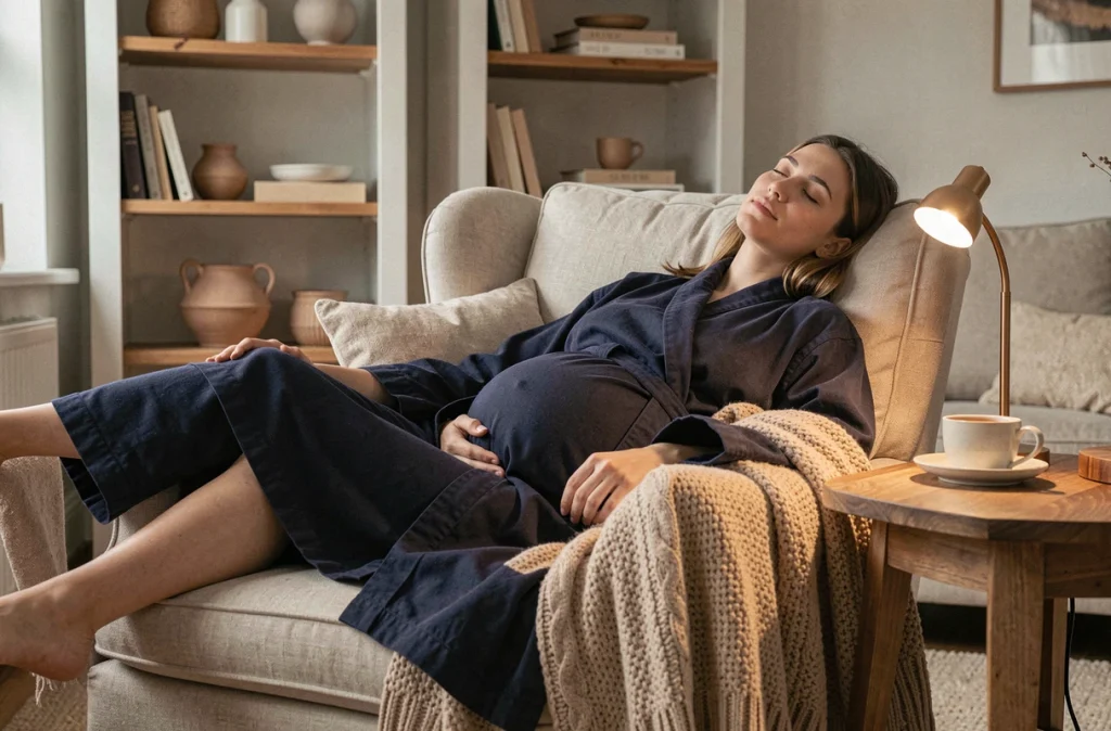 Femme enceinte se reposant dans un fauteuil confortable avec une couverture tricotée et une tasse de tisane