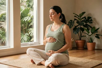 Femme enceinte pratiquant la respiration profonde en position assise sur un tapis naturel dans un salon minimaliste