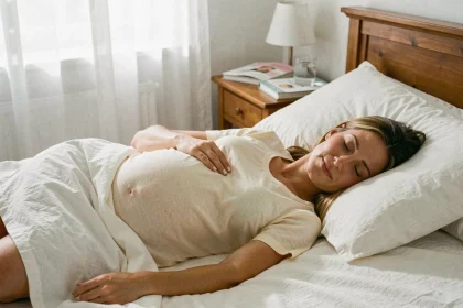 Femme enceinte endormie paisiblement sur le côté dans un lit confortable avec oreillers de maternité