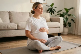 Femme enceinte pratiquant la sophrologie assise en tailleur sur un tapis de yoga dans un salon calme