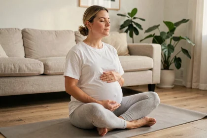 Femme enceinte pratiquant la sophrologie assise en tailleur sur un tapis de yoga dans un salon calme