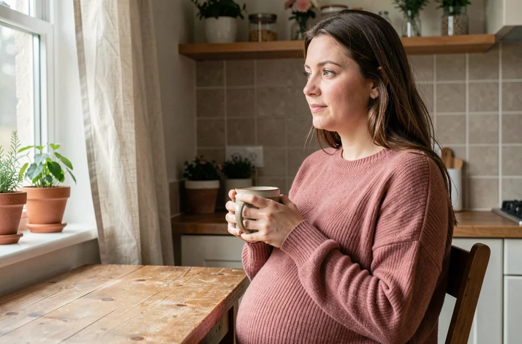 Femme enceinte pensive buvant une tisane dans une cuisine chaleureuse pour se détendre et gérer le stress