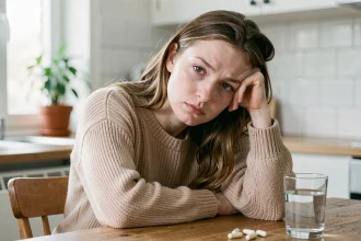 Jeune femme fatiguée et pâle assise à une table de cuisine, illustrant les symptômes d'une carence en fer