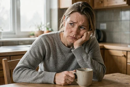 Femme fatiguée assise à une table de cuisine, tenant une tasse de thé, illustrant les premiers symptômes d'une maladie auto-immune comme la fatigue chronique