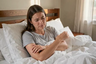 Femme se réveillant le matin en se frottant le bras gauche engourdi dans sa chambre