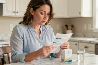 Femme lisant la notice d'un probiotique ULTRA Levure à la maison, posologie et durée de cure