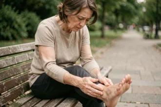 Femme d'âge mûr massant la plante de son pied douloureux sur un banc de parc, illustrant la brûlure des pieds