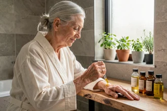 Femme mature appliquant une huile végétale dorée sur son avant-bras près de flacons en verre sur une coiffeuse en bois naturel