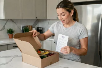 Femme ouvrant une boîte de régime avec des repas portionnés sur un comptoir de cuisine moderne