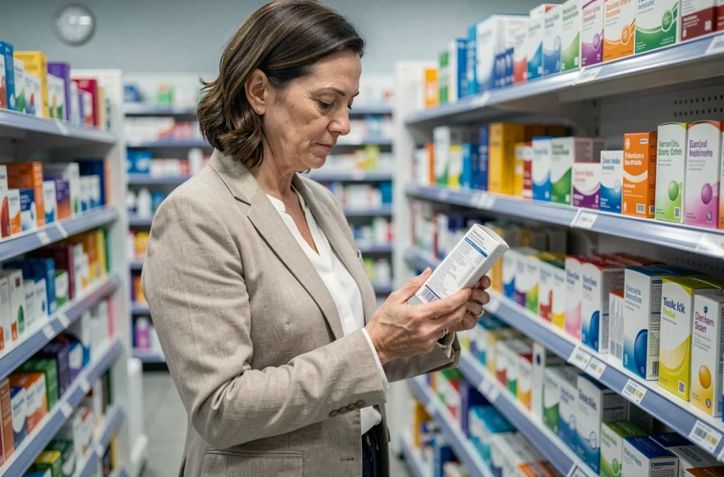 Femme adulte lisant une notice de médicament en pharmacie, évoquant la prise en charge silencieuse du diabète de type 2