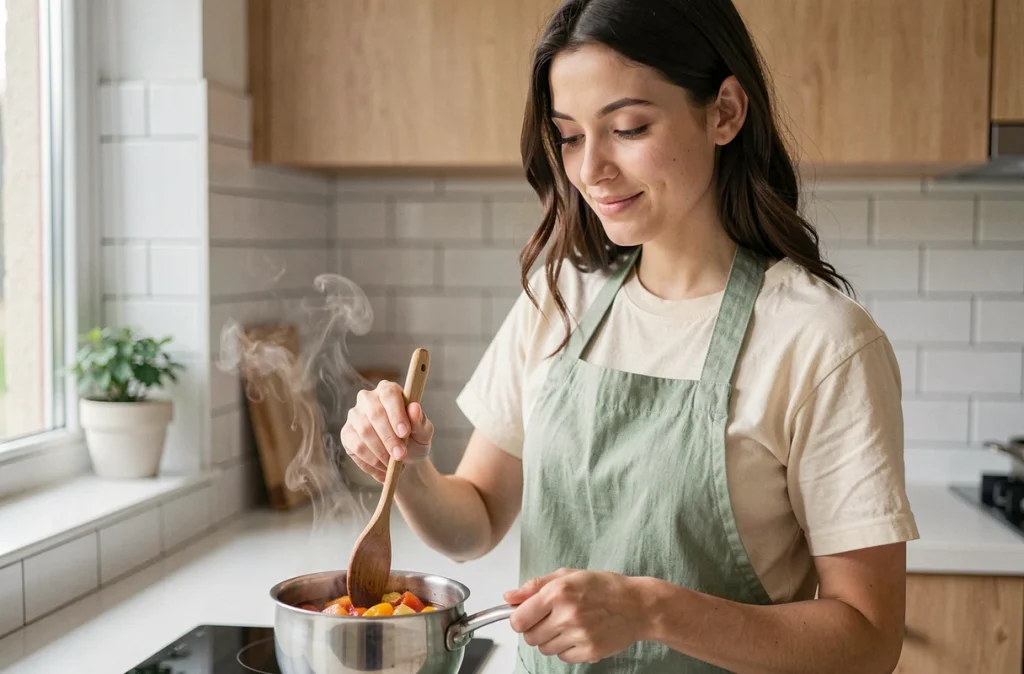 Jeune femme préparant de la compote chaude dans une cuisine scandinave moderne, tablier en lin, cuillère en bois, ambiance bien-être digestif