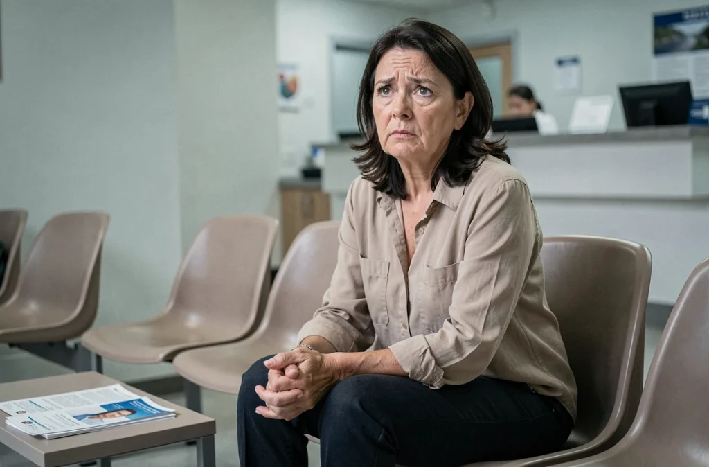 Femme en salle d'attente médicale avec une expression inquiète lors d'une consultation pour infection urinaire