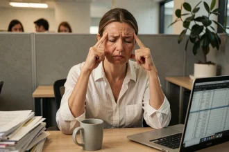 Femme stressée au bureau tenant sa tête entre ses mains, illustrant l'impact du stress chronique sur la santé