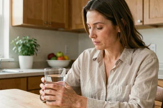 Femme tenant un verre d'eau dans une cuisine, symbolisant un mois sans alcool et la régénération du foie