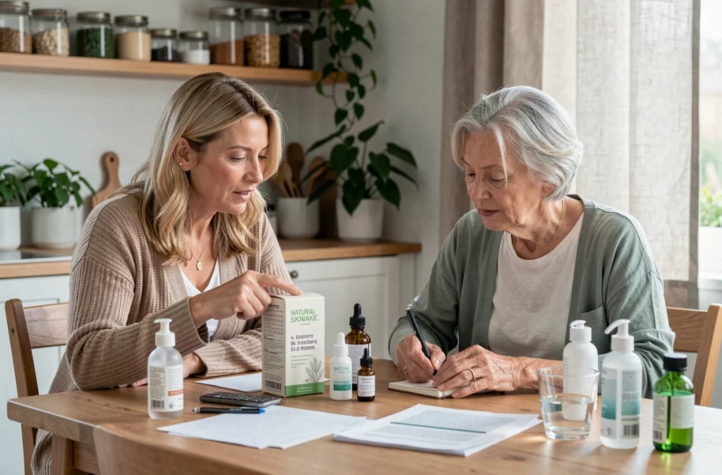 Deux femmes d'âge mûr analysant ensemble les ingrédients de produits de soin de la peau pour mieux gérer les effets des changements hormonaux
