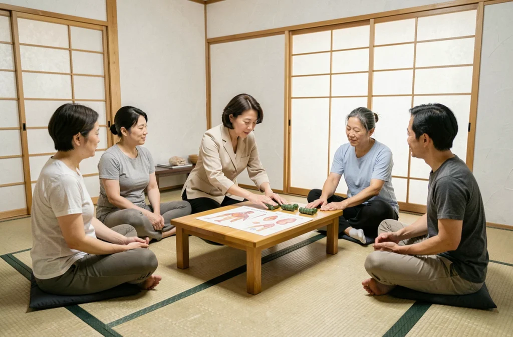 Groupe de professionnels du bien-être en formation à la relaxation coréenne autour d'une instructrice démontrant des points de pression sur tatami