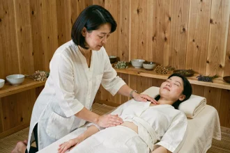 Praticienne coréenne effectuant une technique de relaxation traditionnelle sur une cliente dans un studio de bien-être minimaliste en bois de cèdre