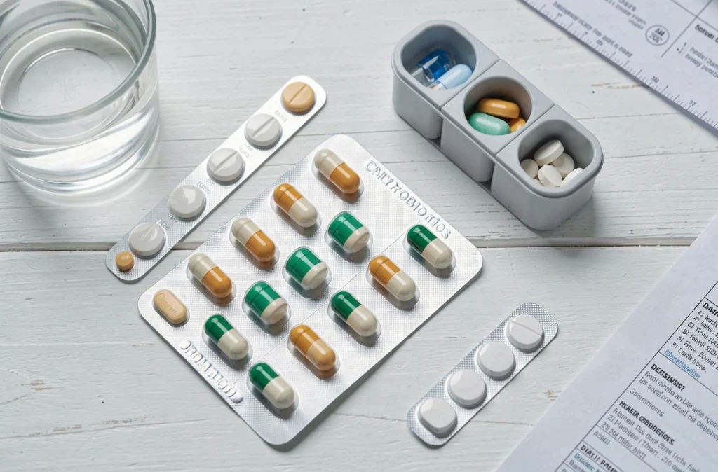 Gélules de probiotiques ULTRA Levure et antibiotiques disposés sur une surface blanche avec organisateur de pilules