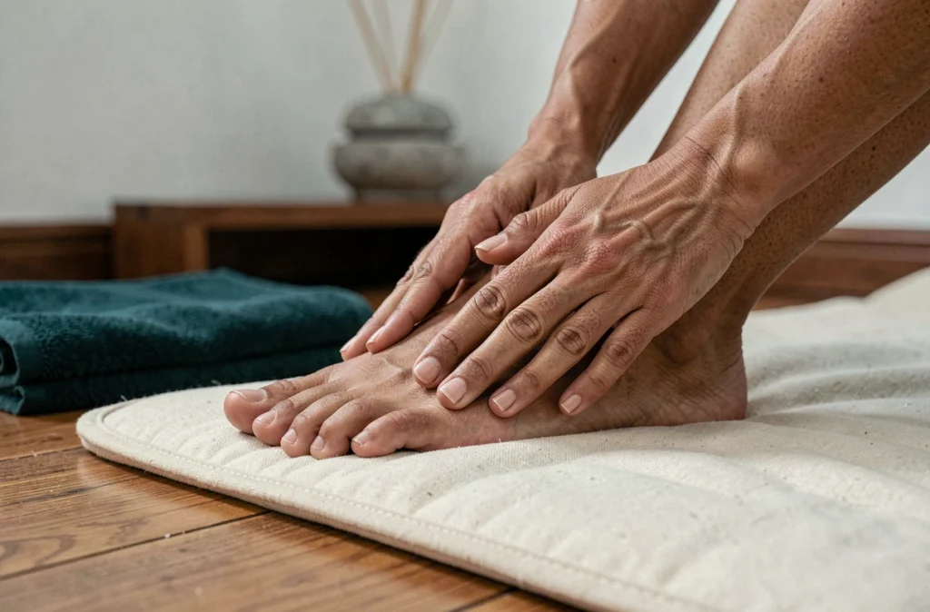 Gros plan des mains d'un thérapeute shiatsu effectuant une pression palmaire sur le pied d'un client dans un espace bien-être haut de gamme
