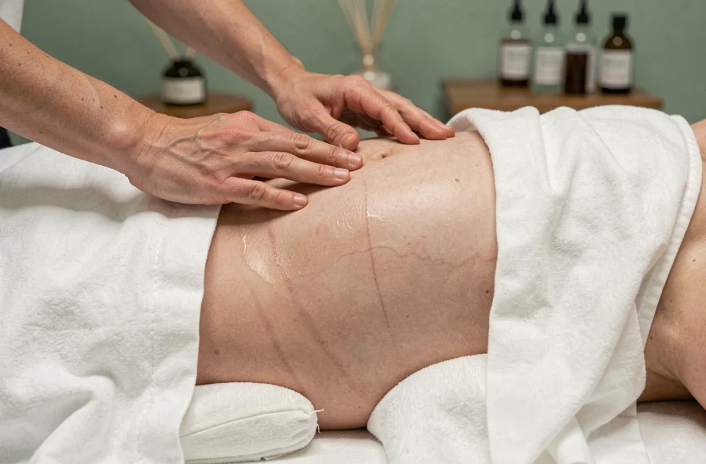 Gros plan des mains d'un thérapeute effectuant un massage du bas du dos sur une femme enceinte allongée sur le côté