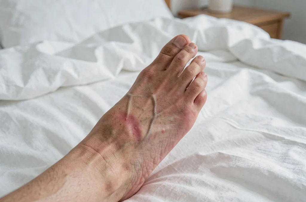 Gros plan de la plante d'un pied posé sur un drap blanc montrant une rougeur liée à une sensation de brûlure