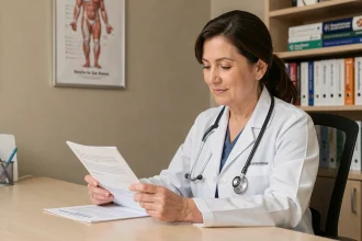 Gynécologue en consultation médicale expliquant des solutions de lubrification et de suivi post-opératoire à une patiente