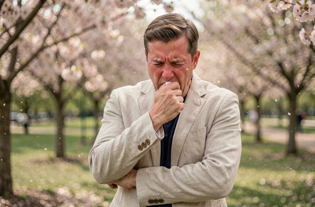 Homme éternuant dans un parc au printemps entouré d'arbres en fleurs et de pollen, symptômes d'allergie chronique