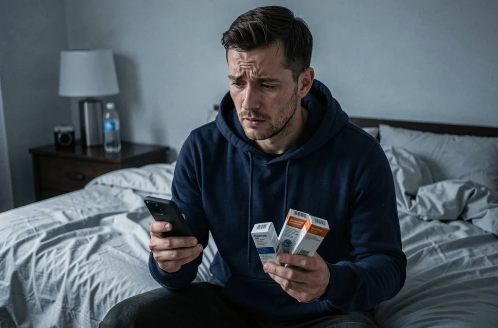 Homme confus consultant son téléphone tout en comparant des boîtes de médicaments dans une chambre, représentant les dangers de l'automédication nocturne