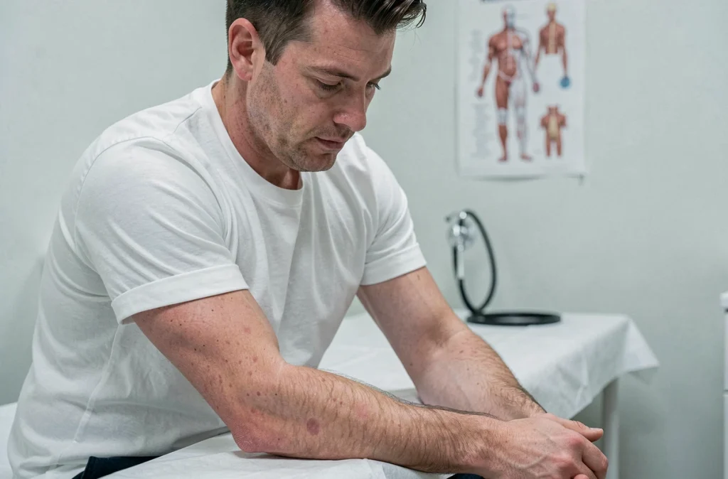 Homme en consultation médicale observant des rougeurs sur ses avant-bras, signe cutané potentiel d'une maladie auto-immune
