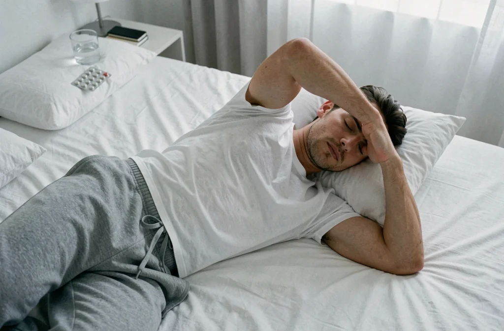 Jeune homme allongé sur un lit épuisé par les complications persistantes d'une infection virale