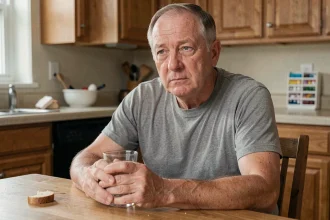 Homme adulte d'âge mûr tenant un verre d'eau le matin, illustrant la fatigue chronique liée au diabète de type 2