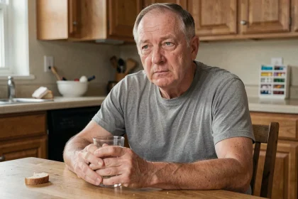 Homme adulte d'âge mûr tenant un verre d'eau le matin, illustrant la fatigue chronique liée au diabète de type 2