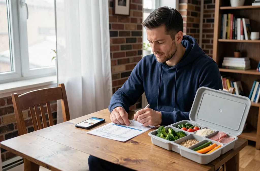 Homme planifiant ses repas de régime avec une boîte de nutrition portionnée et une application mobile