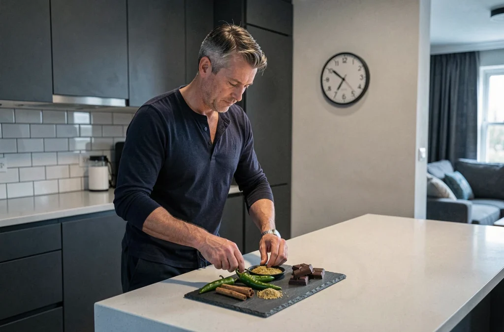 Homme préparant une assiette d'épices et d'aliments thermogéniques le soir dans une cuisine moderne contemporaine