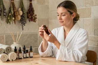 Femme tenant un flacon d'huile essentielle dans un studio de bien-être, entourée de produits de massage minceur naturels