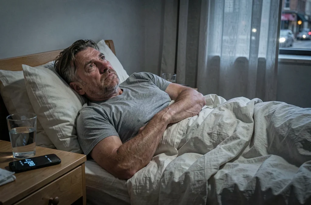 Homme insomniaque allongé dans son lit à 4 heures du matin, symbolisant les effets du stress chronique sur le sommeil et l'immunité