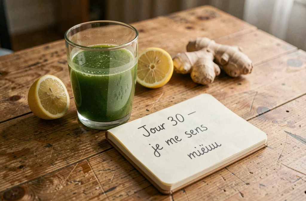Jus vert détox, gingembre et journal de bord posés sur une table en bois symbolisant la guérison du foie après un mois sans alcool