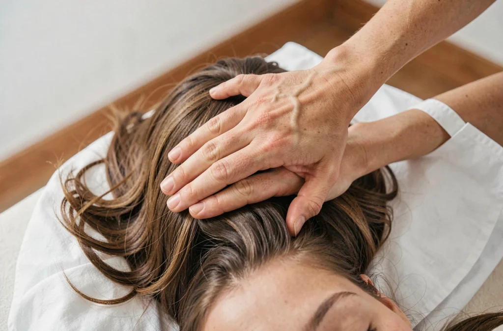 Gros plan des mains d'un masseur tenant délicatement la tête d'un client, symbolisant la communication tactile et non verbale en massage