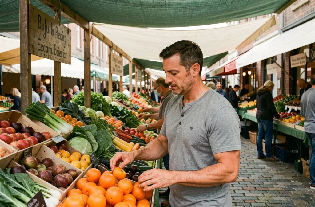 Homme choisissant des fruits et légumes frais sur un marché de producteurs pour une alimentation adaptée à chaque saison