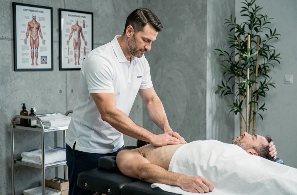 Thérapeute masculin réalisant un massage abdominal professionnel en clinique bien-être pour accompagner la perte de poids
