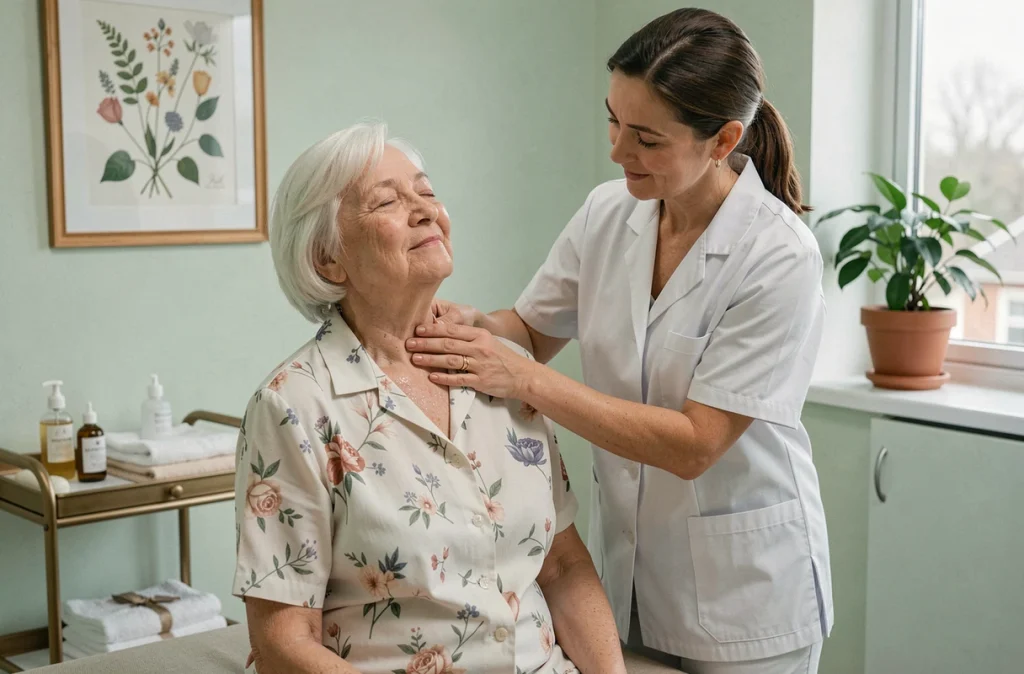 Kinésithérapeute réalisant un massage cervical sur une femme âgée en maison de retraite pour un meilleur sommeil