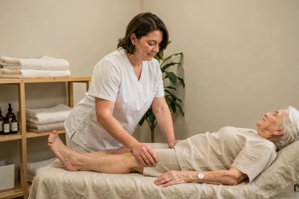Masseuse professionnelle pratiquant un massage circulatoire sur les jambes d'une femme âgée dans un cabinet de bien-être