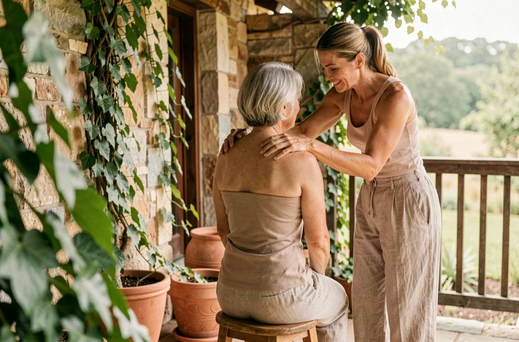 Femme mature recevant un massage du dos en plein air sur une terrasse d'un centre de bien-être naturel