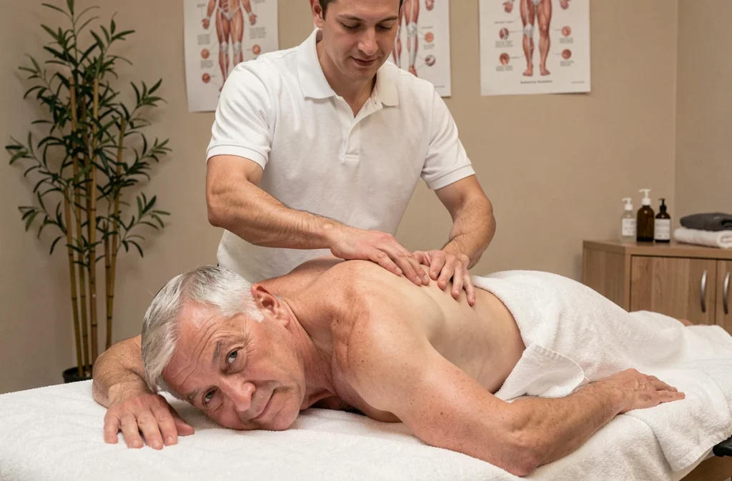Homme senior recevant un massage thérapeutique du dos et des épaules dans une salle de soin professionnelle