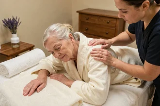 Femme âgée recevant un massage du dos relaxant dans un centre de bien-être pour favoriser le sommeil