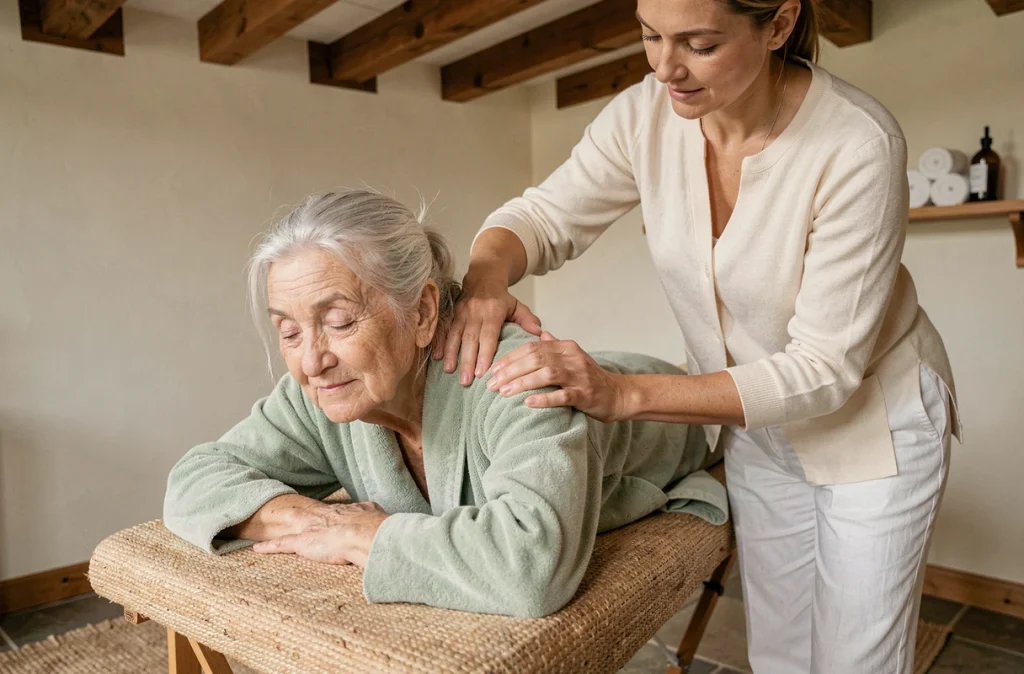 Massage du dos pour une femme âgée par une thérapeute professionnelle dans un cadre chaleureux et relaxant