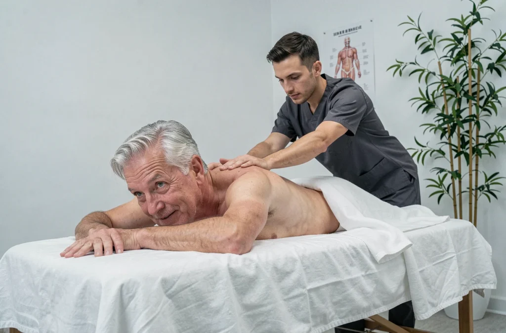 Homme senior recevant un massage du dos sur table de massage dans une clinique de physiothérapie moderne